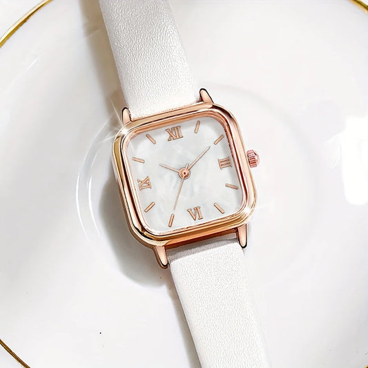 2pcs/set Fashion Women PU Band Square Dial Watch With Bracelet (Box Not Included)