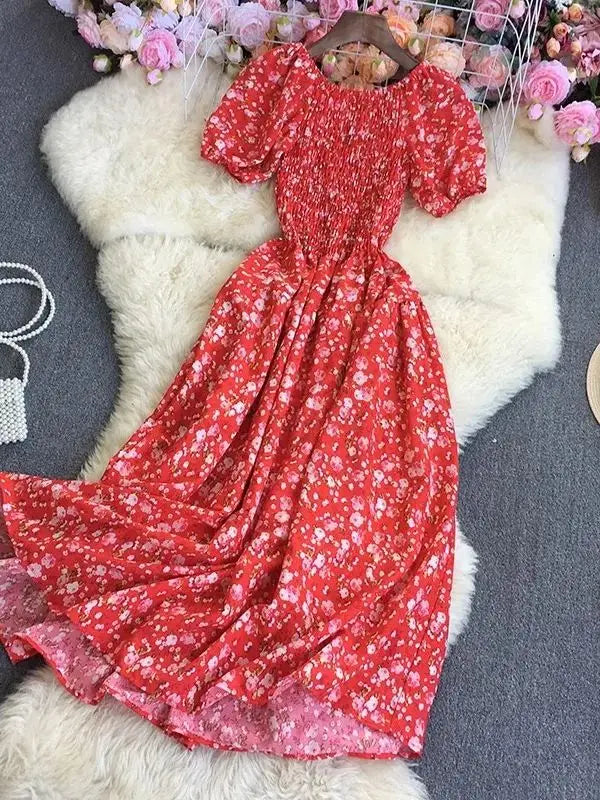 Beach Vacation Floral Print Dress Women Puff Sleeve Square Collar High Waist Dresses Korean Fashion Party Long Dress