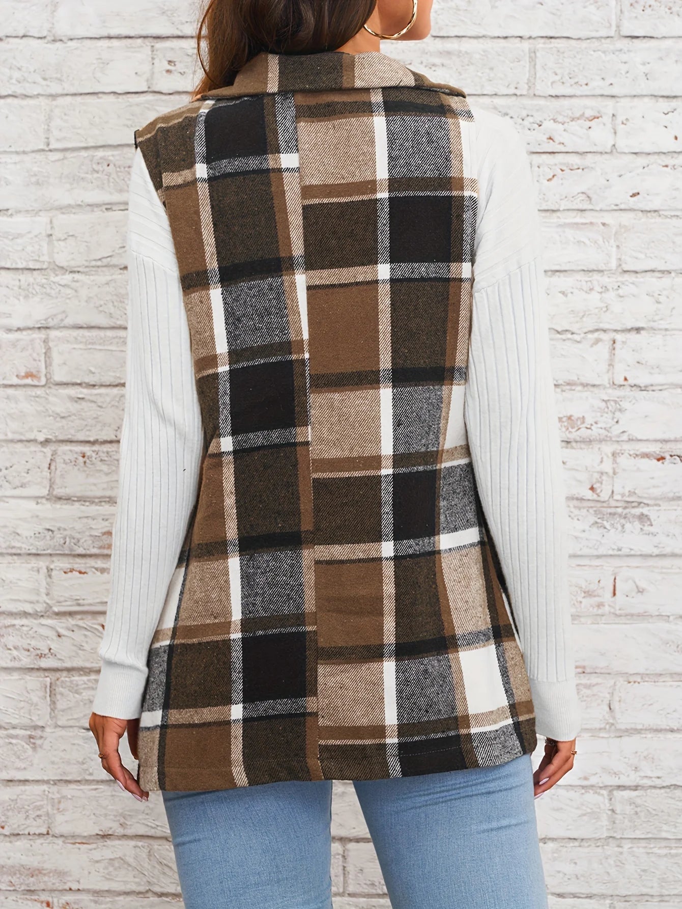 European  American Cross-Border Women's Fashionable And Elegant Plaid Pattern Front Buckle Flip Collar Vest