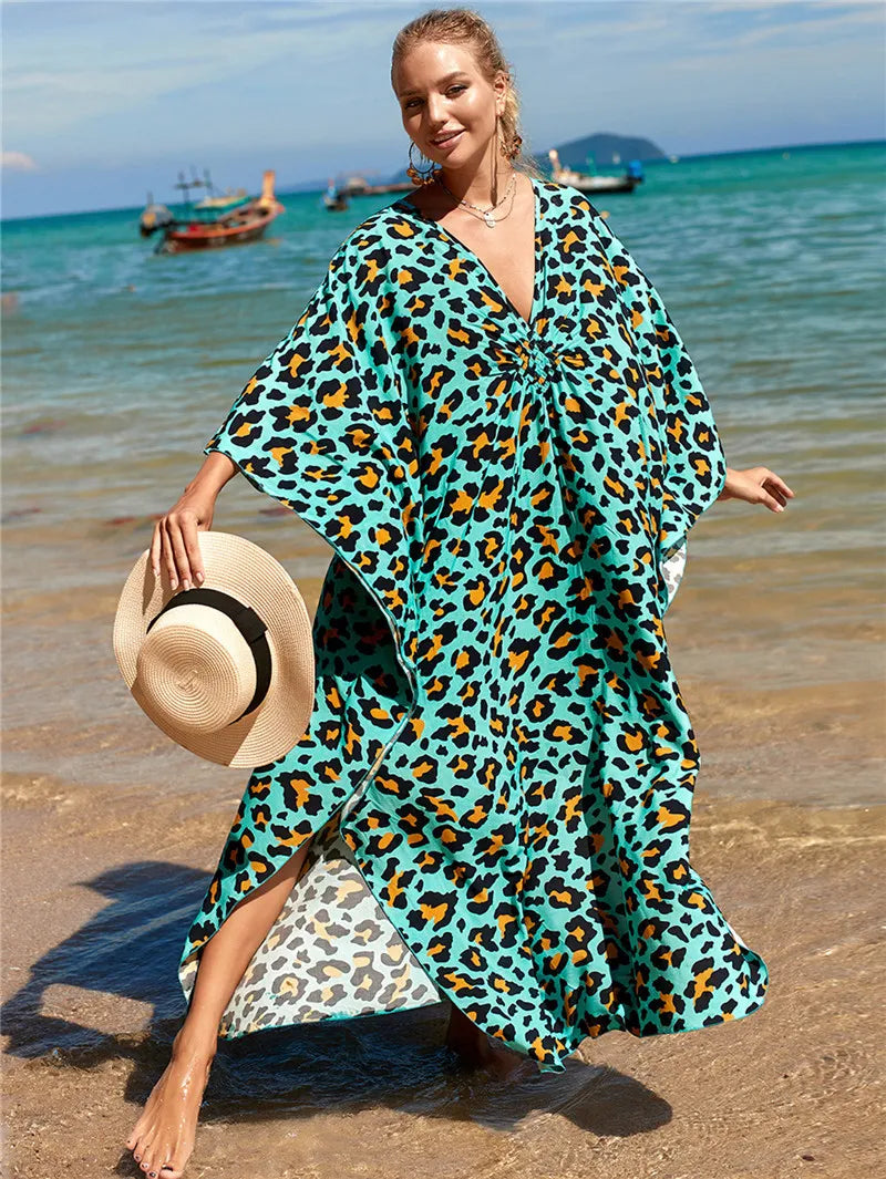 Plus Size Womens Animal Print Kaftan Dresses Caftans Swimwear Coverups Summer Bathing Suit Long Beach Dress