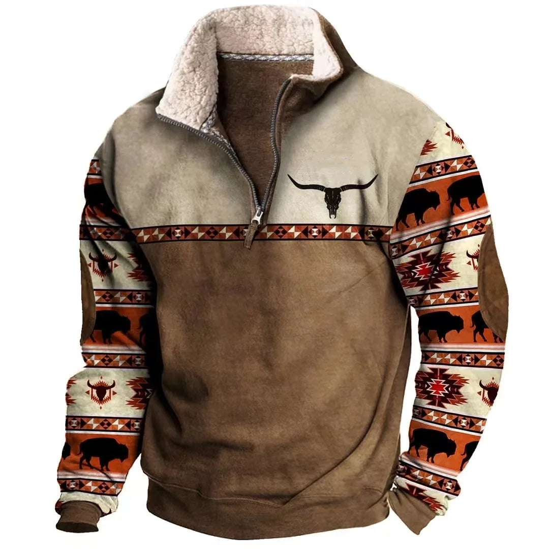 Mens Cowboy Sweatshirt Vintage Print Western Aztec Sweatshirt Casual Long Sleeve 1/4 Zip Fleece Pullover Menswear Hoodie Sweater