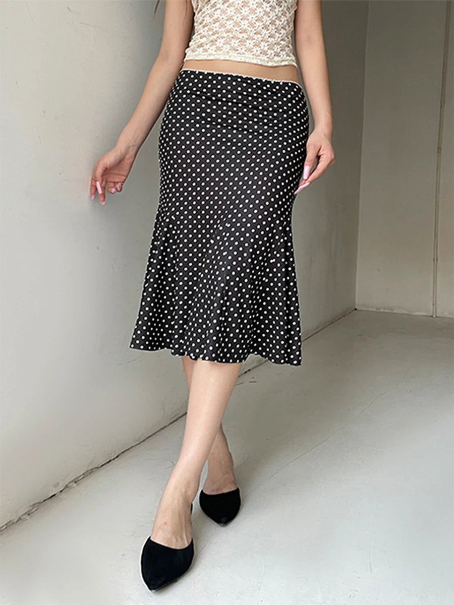 Women's Midi Skirts Dot Print Low Waist Skirts Spring Summer Casual Skirts 2025 Fashion Casual Elegant Clothes