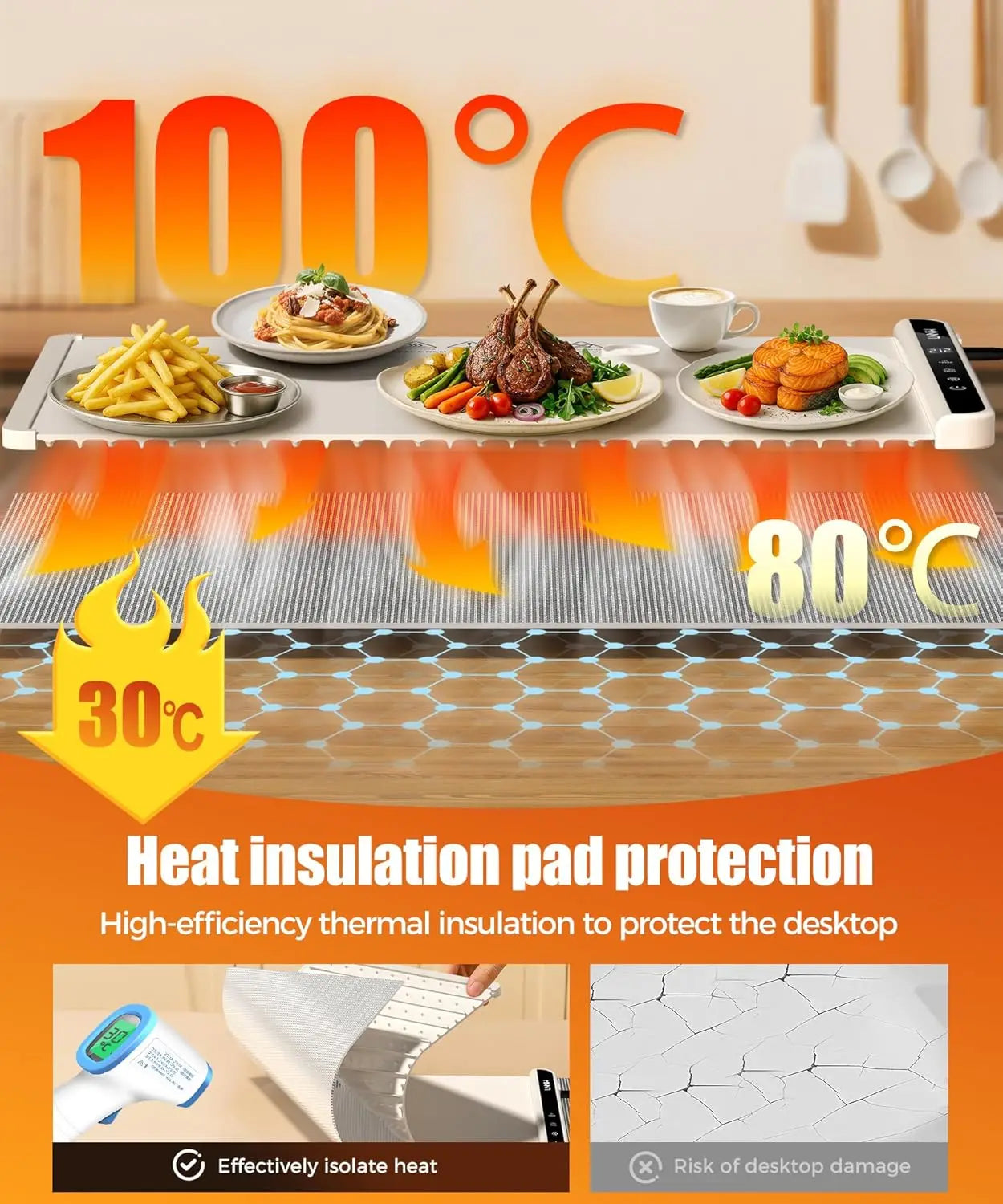 Food Warming Mat with Heat-Resistant Pad, 26X15 Inch, 6 Temperature & 6 Timer Settings, Child Lock Safety,Food Warmer Chafing Di