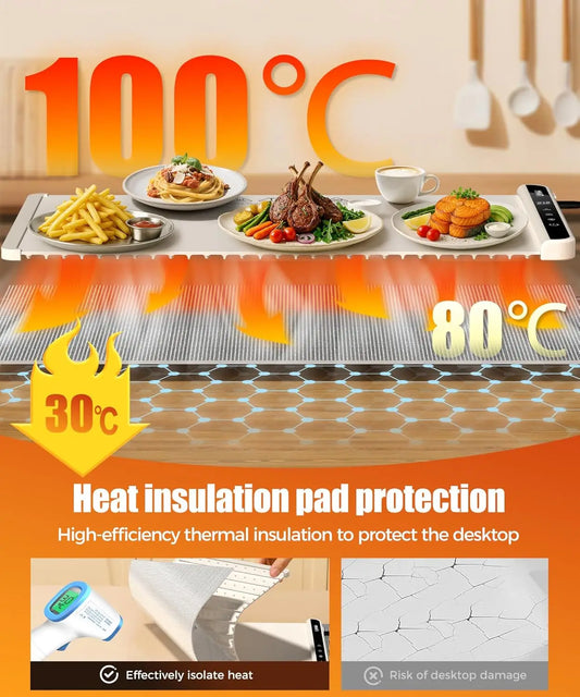 Food Warming Mat with Heat-Resistant Pad, 26X15 Inch, 6 Temperature & 6 Timer Settings, Child Lock Safety,Food Warmer Chafing Di