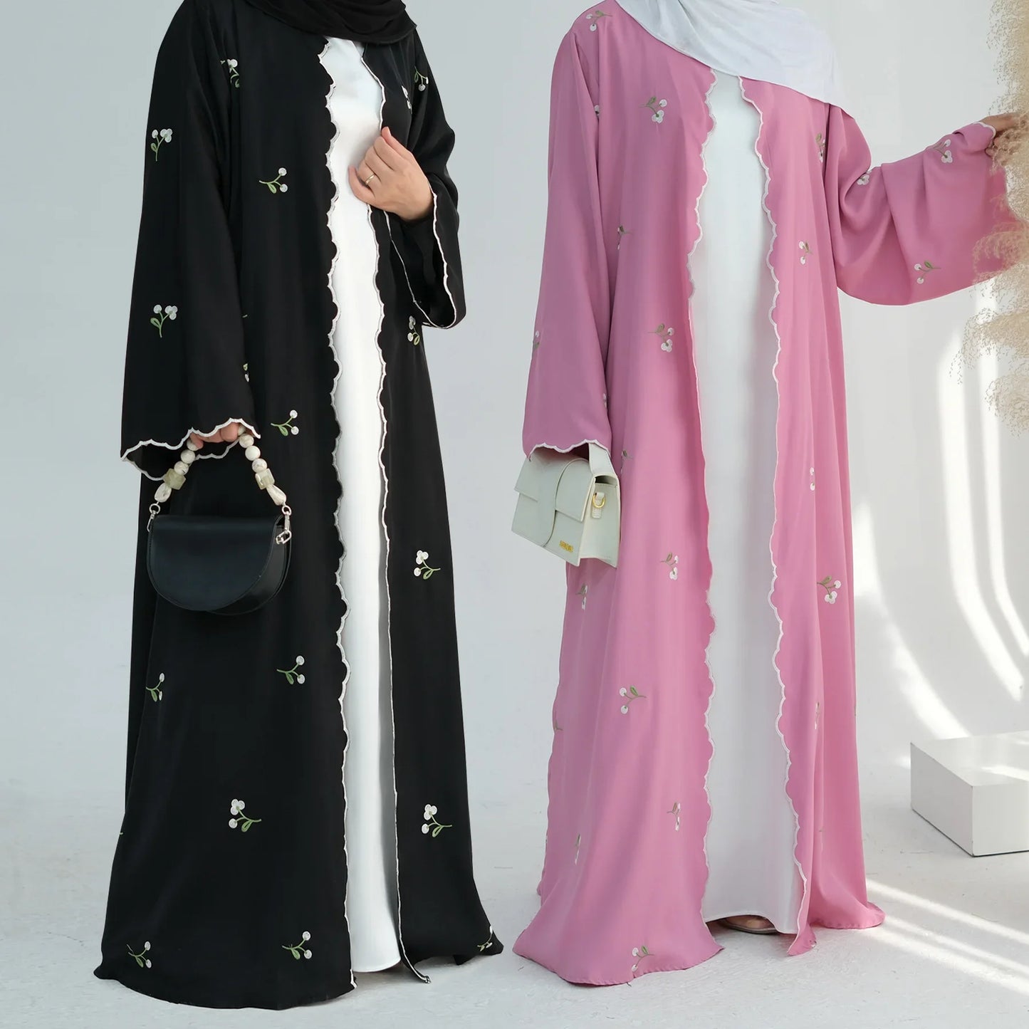Long Sleeved Open Wavy Abaya For Women Embroidery Flower Kimono Cardigan Dubai Muslim Loose Burqa Islamic Dress Robe Kaftan