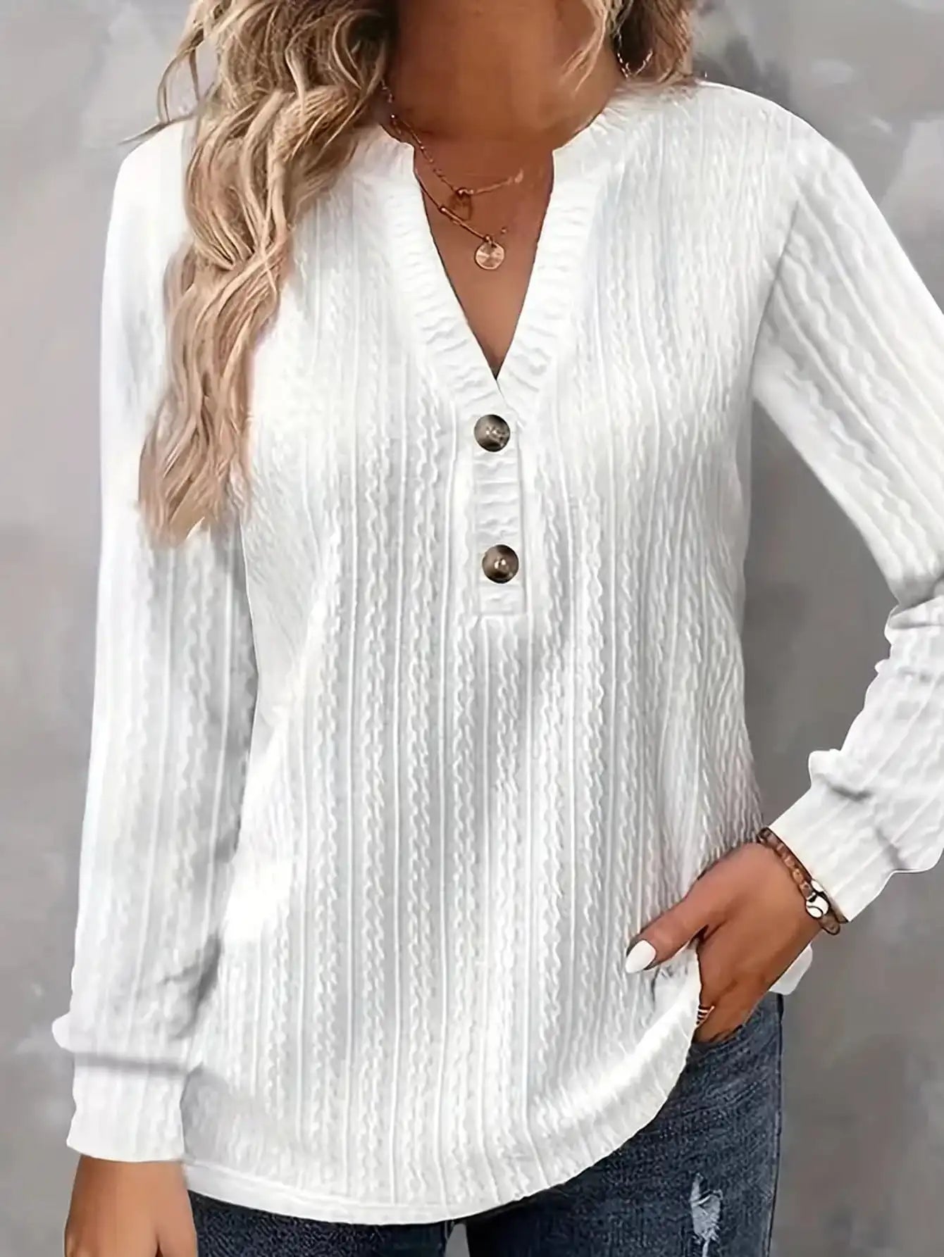 Plus size casual top  women's wide solid color chunky knit long sleeve button detail V-neck slightly elastic elegant top shirt