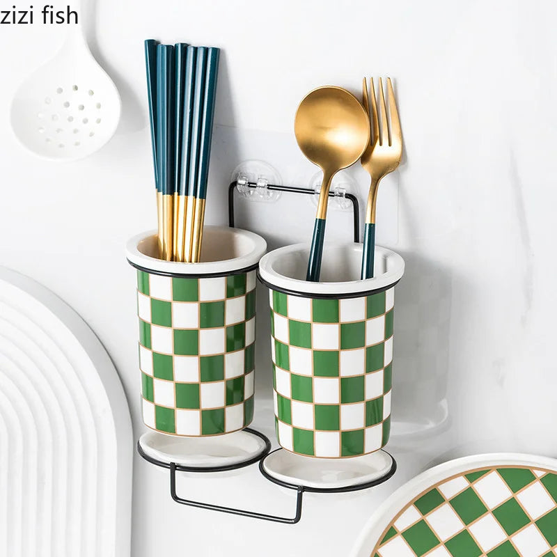 Checkerboard Ceramic Chopsticks Holder Drain Rack Chopsticks Basket Chopsticks Box Cutlery Box Storage Rack Wall-mounted Shelf