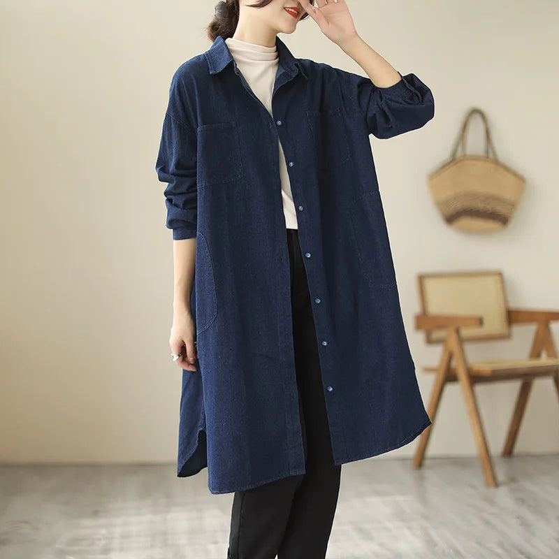 Spring Autumn Loose Large Size Faionable Cotton Denim irt Women's Mid-Length Sve Long Outerwear Trendy Button ket
