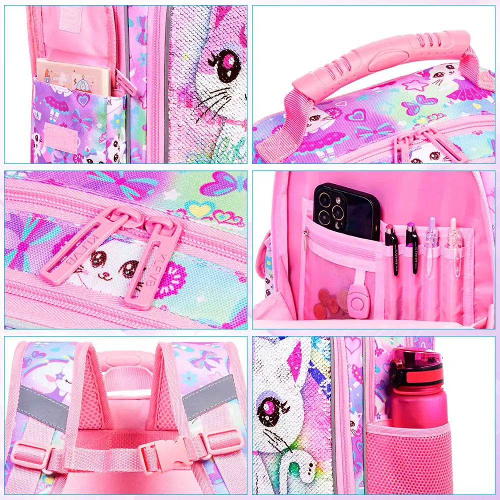 3PCS Girls Backpack, 16”Kids Cat Sequin Bookbag with Lunch Box, Water Resistant School Bag for Elementary Preschool Toddler