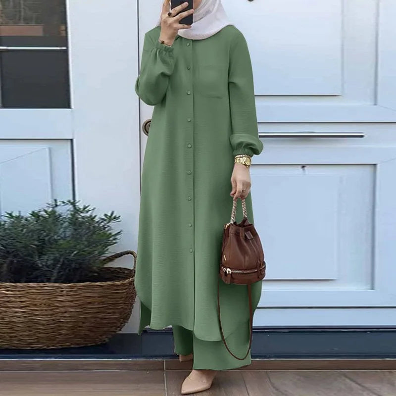 Muslim Arabian Fashion 2pcs Clothes Suits Spring Autumn Women Long Shirts+trousers  Abaya Femme Musulman Eid Mubarek Outfits