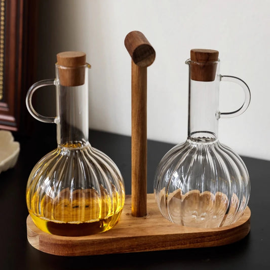 Glass Oil Pan Kitchen Household Wooden Lidseasoning Bottle Storage Rack High-temperatureresistant Storagetanksoysauce Bottle Set
