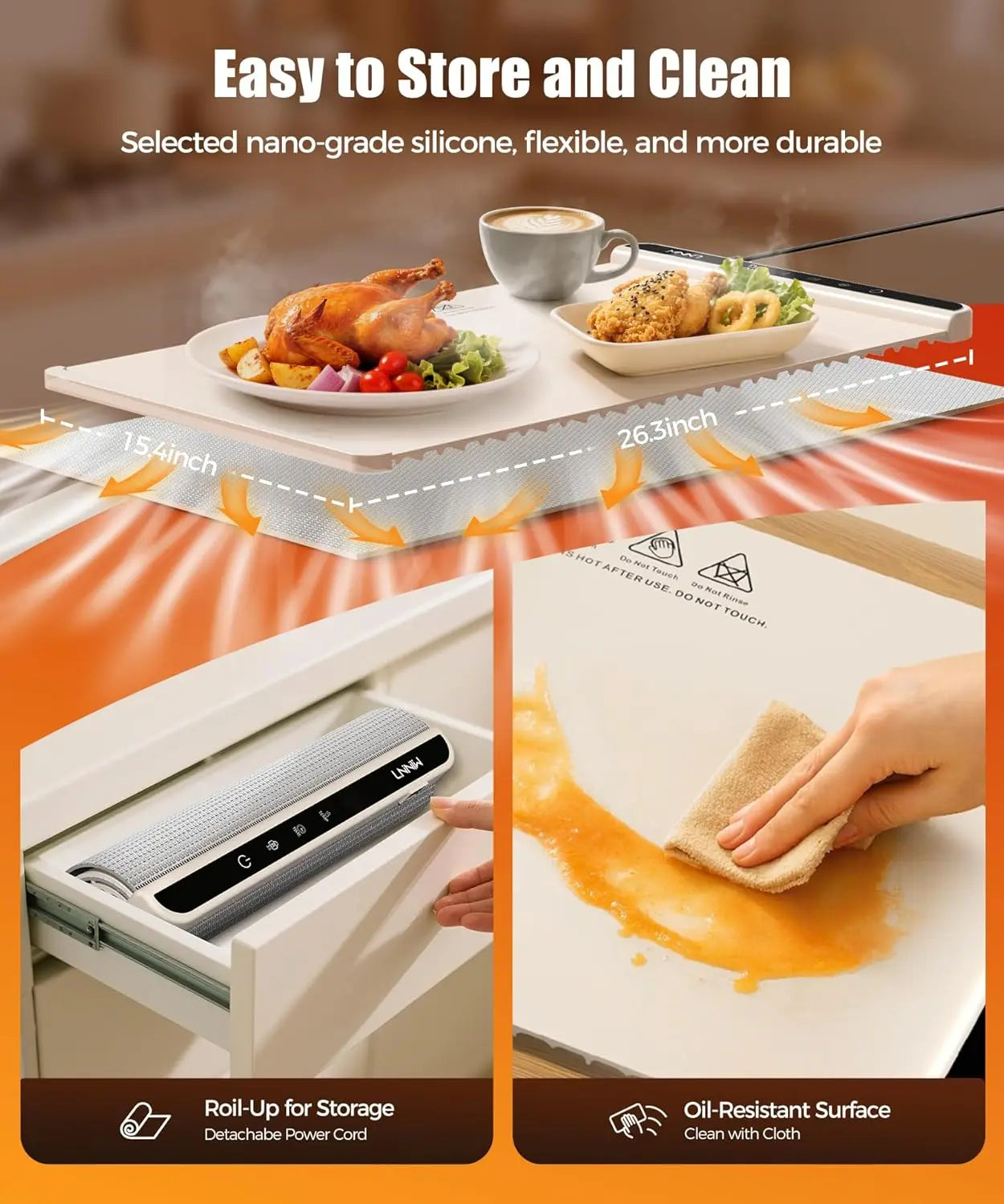 Food Warming Mat with Heat-Resistant Pad, 26X15 Inch, 6 Temperature & 6 Timer Settings, Child Lock Safety,Food Warmer Chafing Di