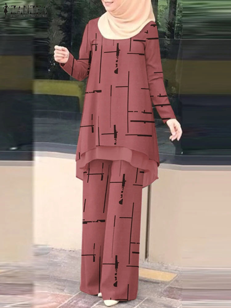 Muslim Women Pant Sets Islamic All-over Printed Long Top and Wide Leg Pant 2pcs Outfits Vintage Elegant 2-Pieces Suits