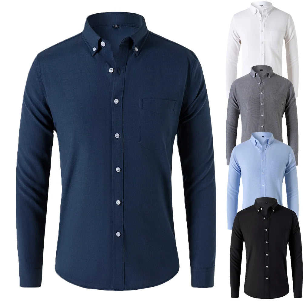 Oxford Shirts for Men Spring Autumn Formal Japanese Style Men's Long-sleeved Shirt Casual Men Shirts Solid Color