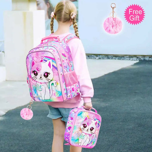 3PCS Girls Backpack, 16”Kids Cat Sequin Bookbag with Lunch Box, Water Resistant School Bag for Elementary Preschool Toddler
