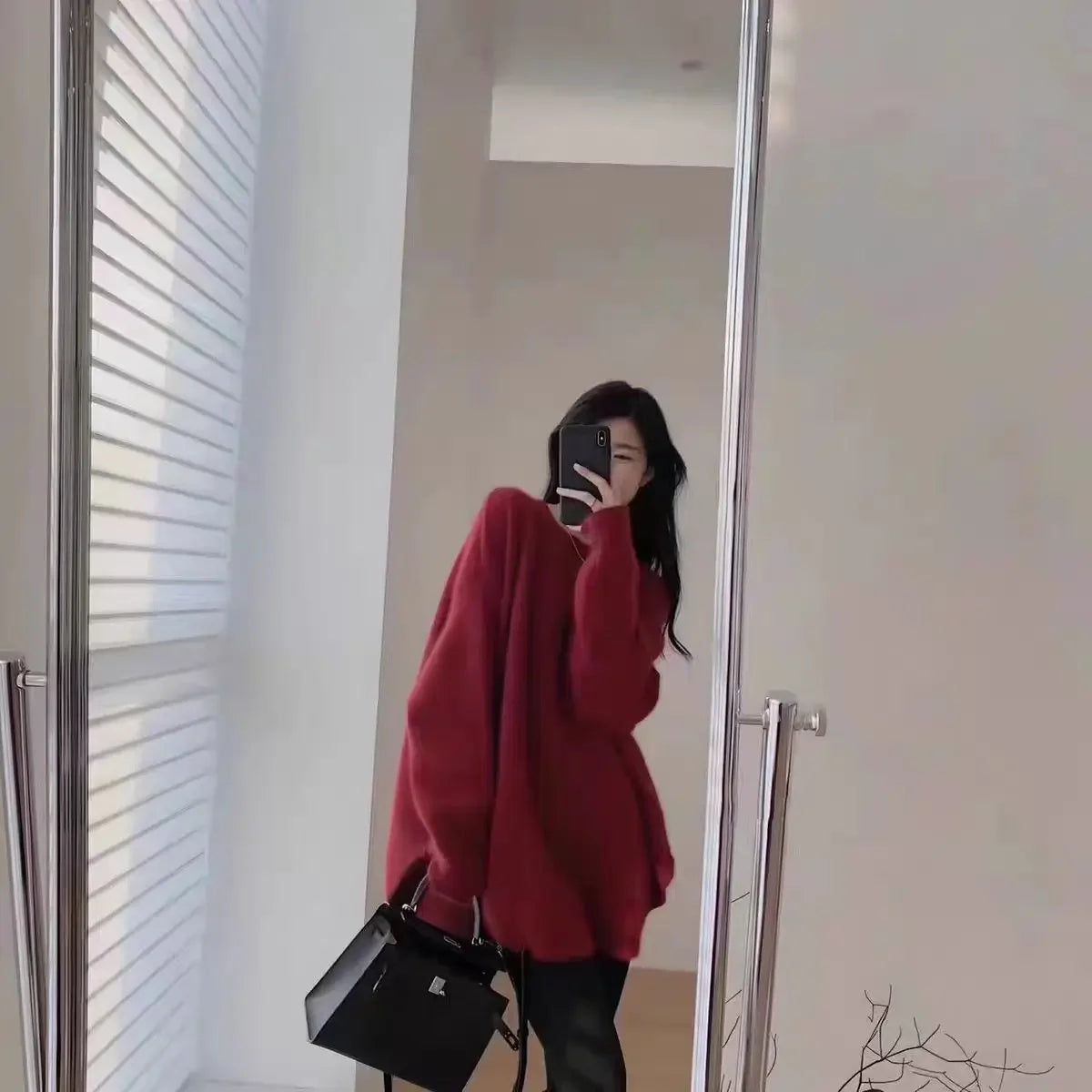 Women's Lazy Kaze Jun Mountain Cashmere Sweater round Neck Loose Long Hem Split Skirt Thickened Knitted Bottoming Shi