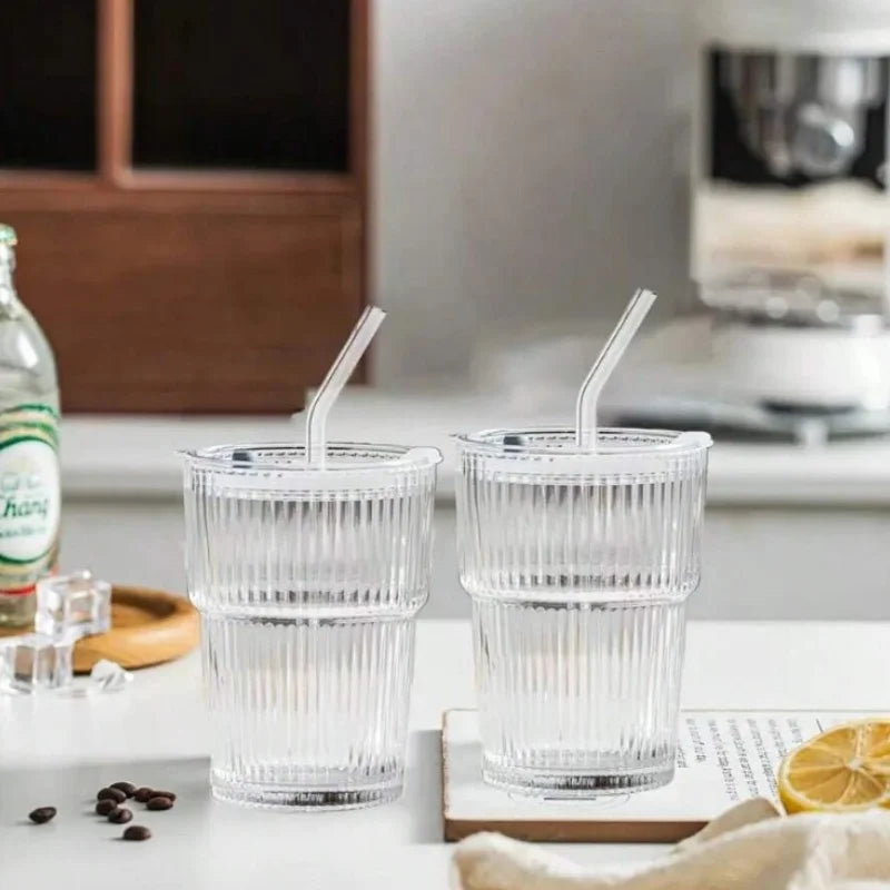 6 pieces, 13.5oz/400ml, ribbed glassware vintage vertical striped glass cup-an elegant drinking utensil suitable for iced coffee