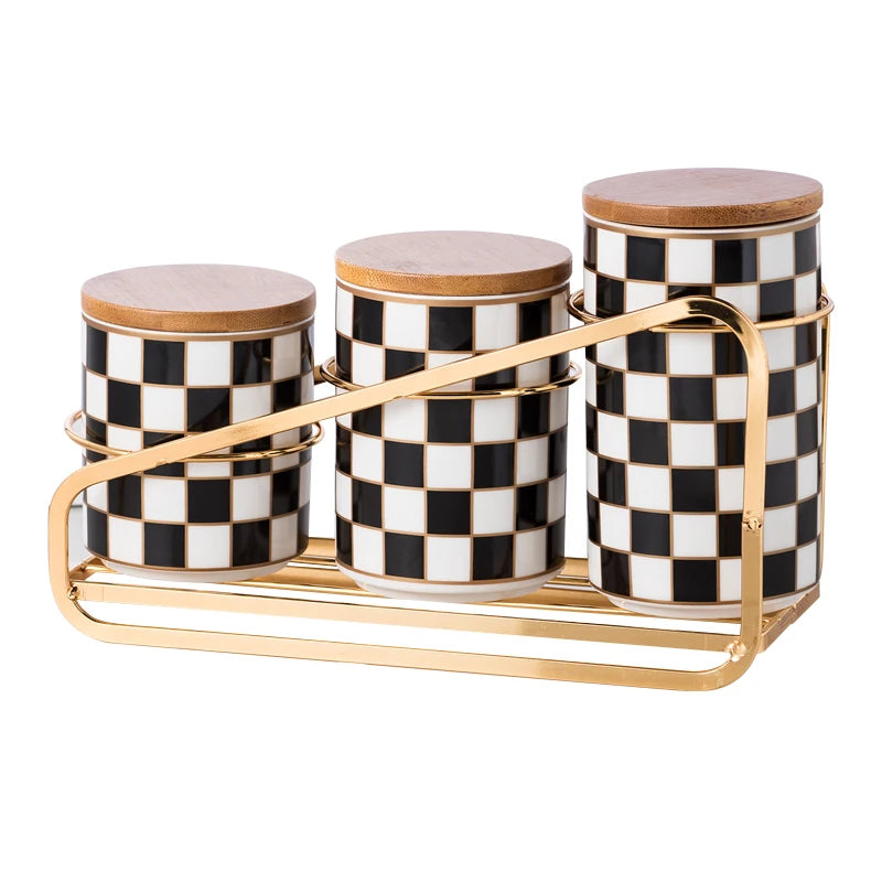 Black and White Lattice Storage Tank Checkerboard Sealed Tank Kitchen Storage Food Grade Ceramic Tank Box Tea Storage Tank