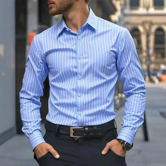 Spring Autumn Men Clothes Long Sleeve Stripe Shirt Men Business Casual Lapel Button Shirt Tops
