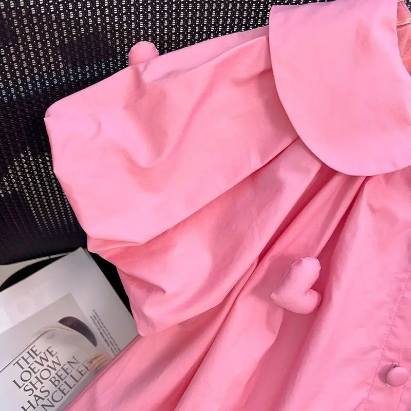 2-12Y Girls Summer Dress Small Lapel Single Breasted Design Cute Princess Dress Children Girls 3D Love Decal Bubble Sleeve Dress