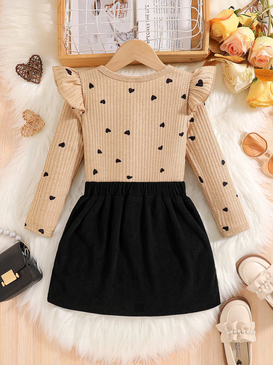 2-Piece Set for Girls in Spring and Autumn: Fashionable and Elegant Dress Set for Young Girls, Featuring a Round Neck, Ribbed Lace, Flutter Sleeves, Heart and Polka Dot Print Long-Sleeve Top + Black Skirt with Bow and Button