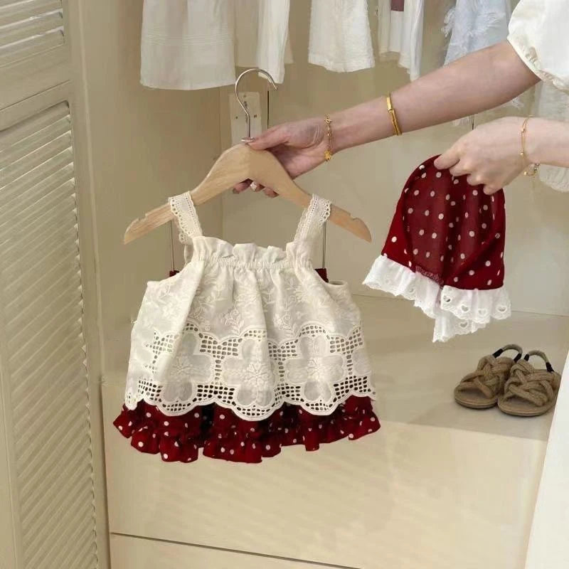 2025 New Strap Little Red Riding Hood Set Summer Cute Girl Hook Flower Western Style Tank Top Polka Pants Skirt Three Piece Set