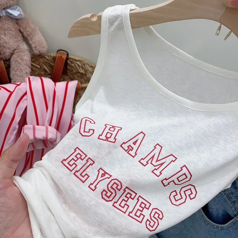 Children's Clothing Sets Striped Long-sleeved Shirt + Monogram Printed Vest+Denim Shorts 3pcs Clothes for Kids Girl 3 To 7 Years