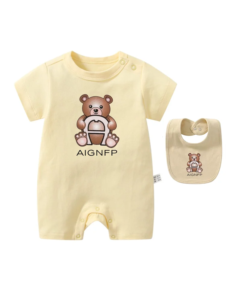 Cute Bear Romper Newborns Clothes 2025 Summer Hot Sale New Toddler Boys Jumpsuit %100 Cotton Soft Bib scarf 2Pcs Set Baby Romper