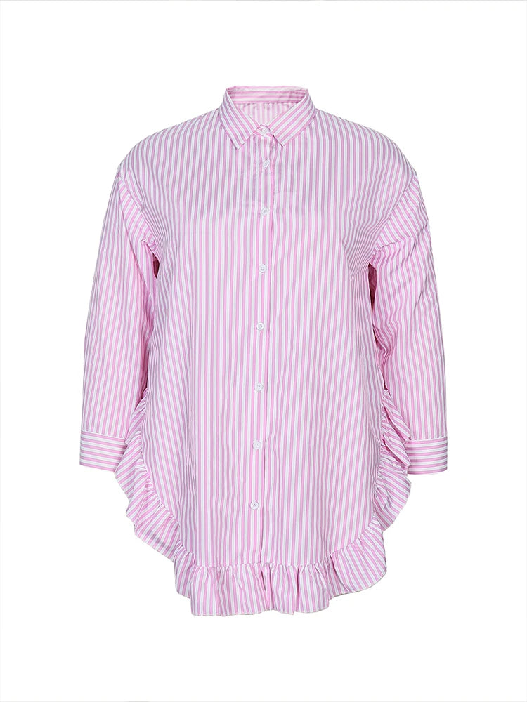 Women's plus Size High Collar Long Sleeve Shirt Autumn 2025 Pink White Striped Comfortable Casual Long Shirt