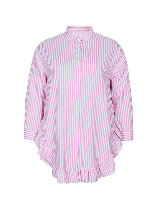 Women's plus Size High Collar Long Sleeve Shirt Autumn 2025 Pink White Striped Comfortable Casual Long Shirt
