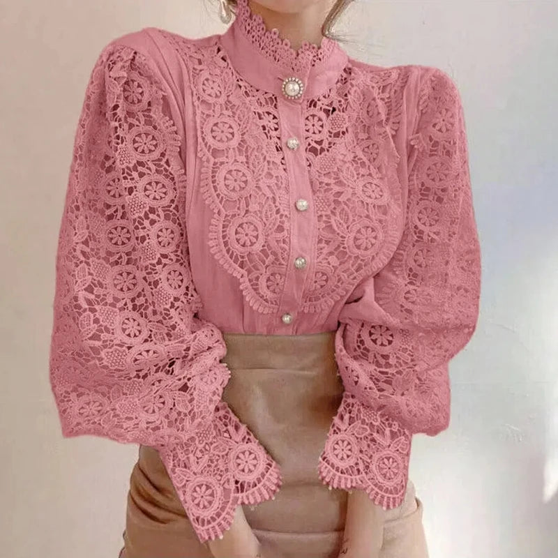 Elegant Loose Sweet Fashion Lace Women Blouse Office Stand Collar Casual Shirt Ladies Petal Long Sleeves Hollow Out Top Clothing