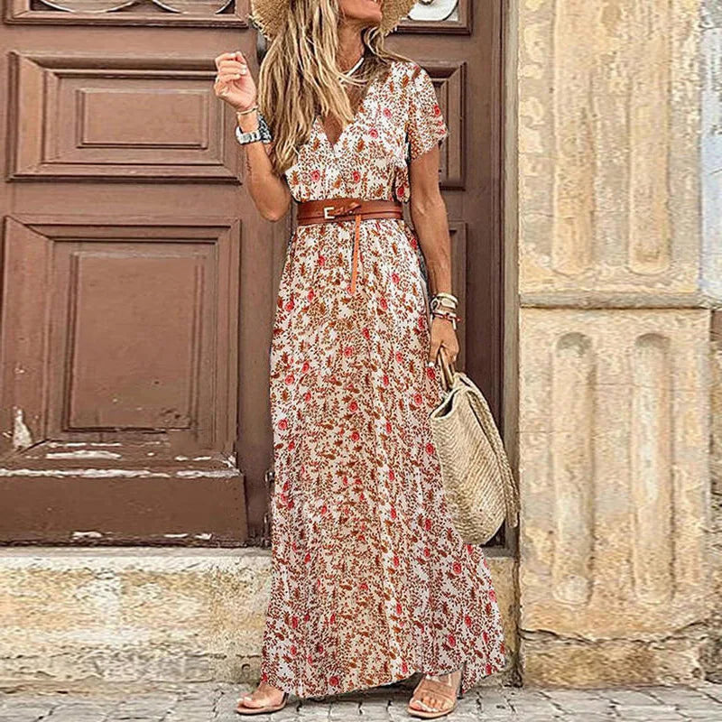 2024 Summer Bohemian Women's Long Dress V Neck Short Sleeve Floral Printed Beach Elegant Vintage Dress with Belt