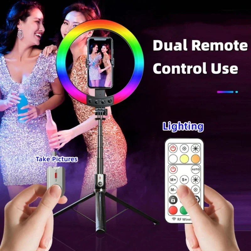 LISCN Selfie Stick Tripod with 10 Inch RGB Selfie Ring LED Fill Light  Photography LED Selfie Light with Remote Control for Live