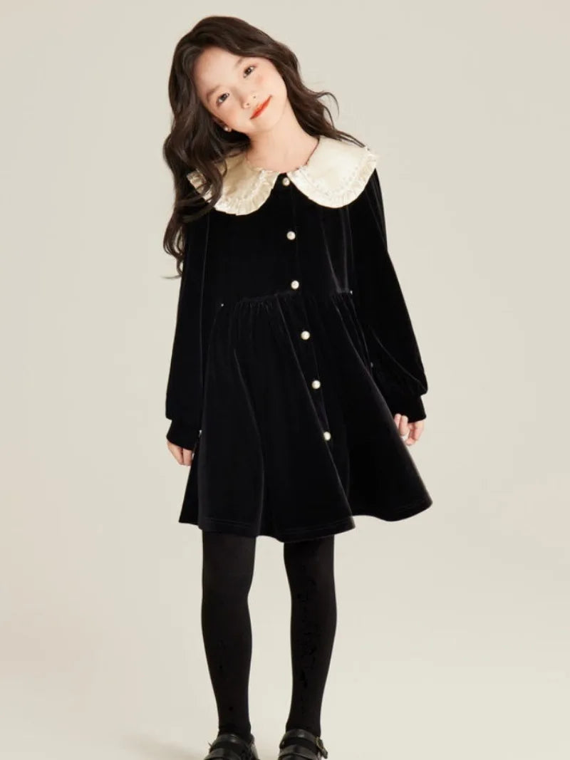 Girls' Autumn/Winter High-end Fleece-lined Velvet Elegant Black Princess Gown Dress - 4-12 Years Old