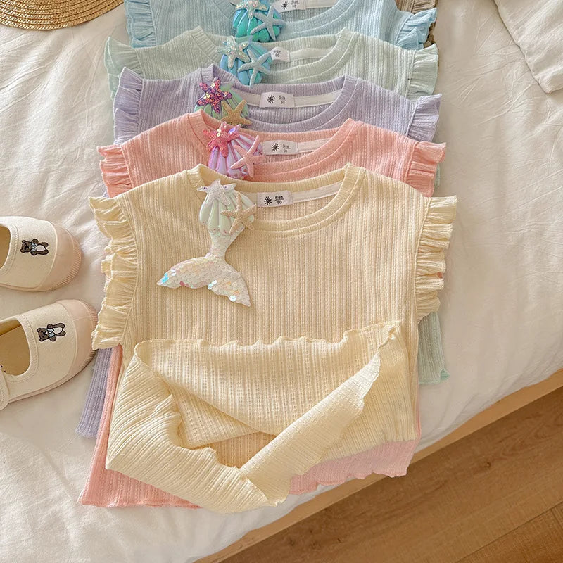 Girls 2-Piece Set Sleeveless T-shirt + Shorts 6 Colors Summer Pajamas Korean Style New Breathable Pure Cotton Home Wear 18M-8Y