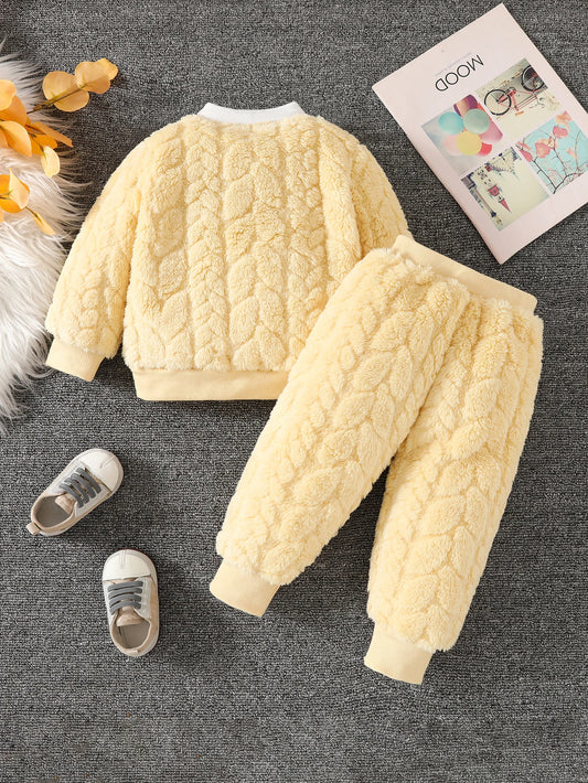 Baby Girl Casual Hot Double Jacquard Pattern Autumn and Winter Plush Long Sleeve Ribbed Collar Top and Pants Set