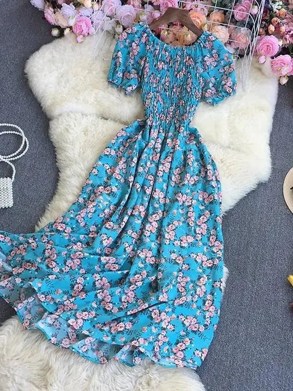 Beach Vacation Floral Print Dress Women Puff Sleeve Square Collar High Waist Dresses Korean Fashion Party Long Dress