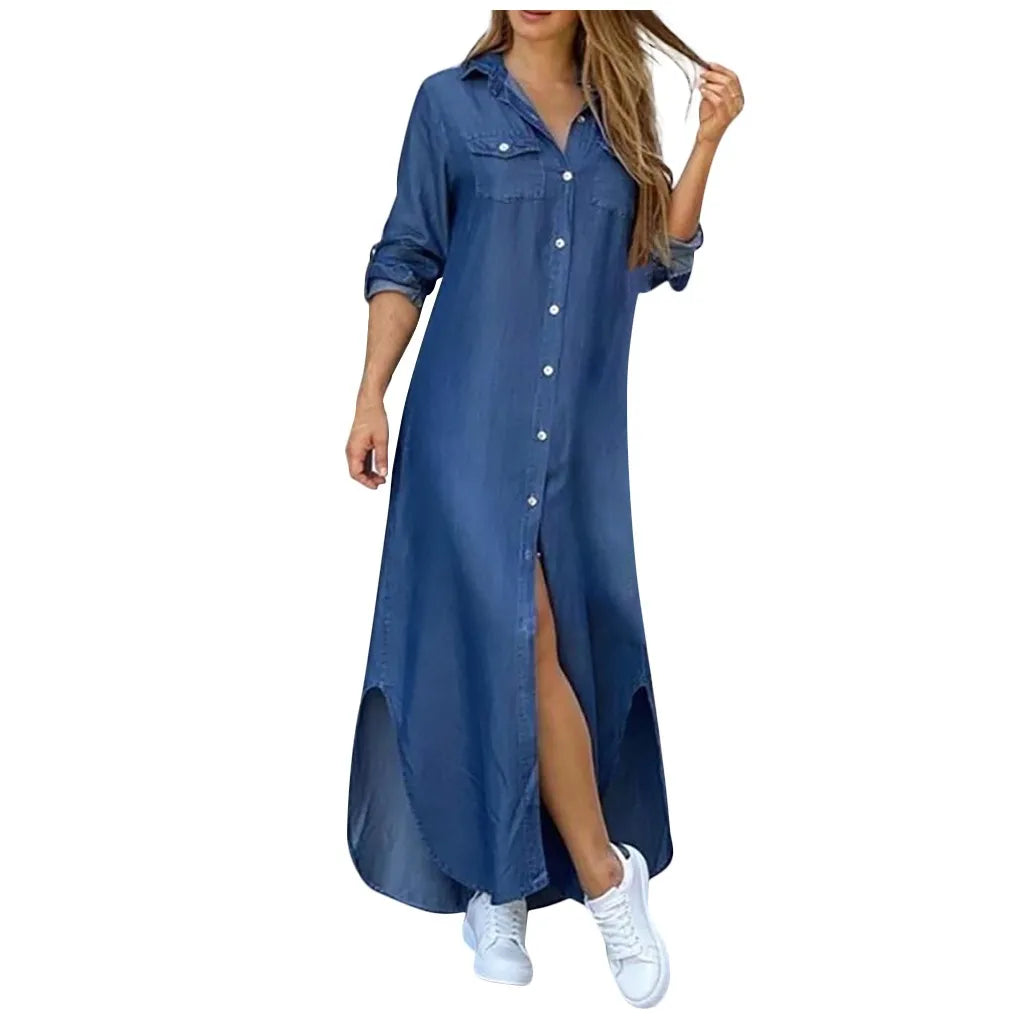 New Autumn Long Dress Long Sleeve Shirt Dress Women Denim Long Dresses Pocket Button Shirt Print Dress Casual Loose Dresses 2023