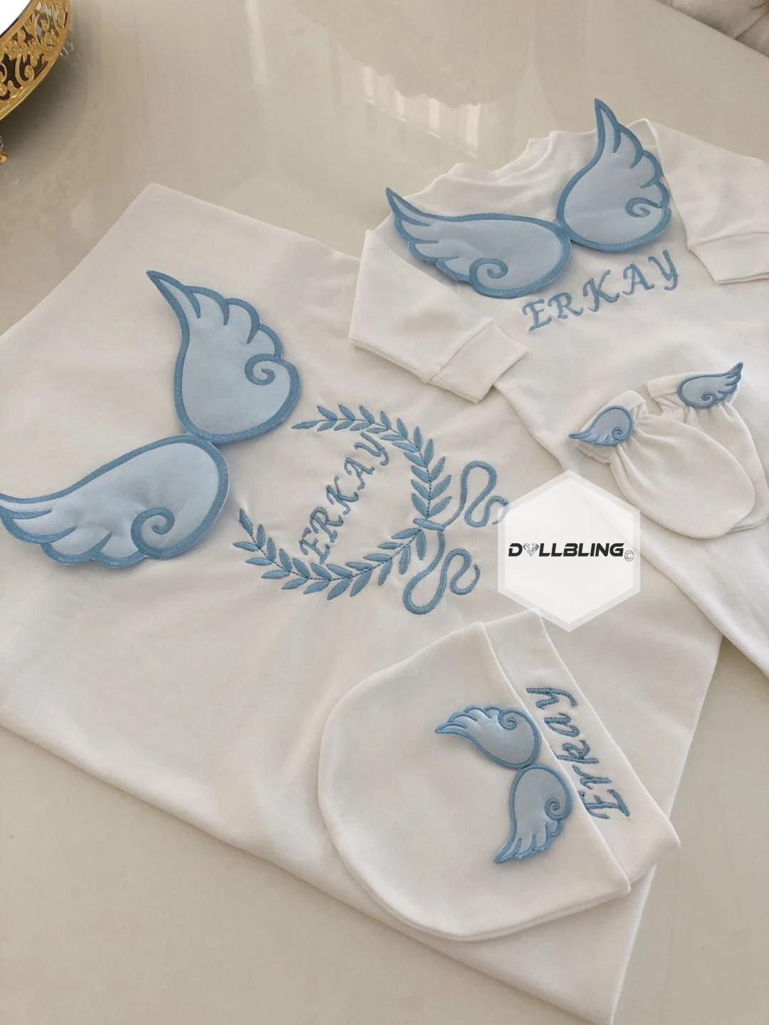 Dollbling Hospital Exit 5pcs Embroidery Name Newborn Angle Wings Romper Blanket  Nursery Bedding Swaddle Handmade Infant Outfit