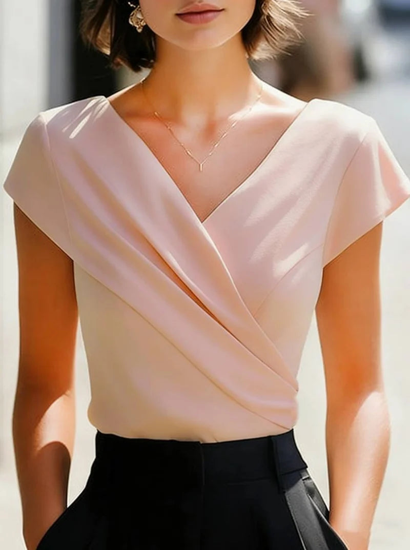 Elegant Satin V Neck Wrap Blouse for Women Short Sleeve Office Work Casual Tops