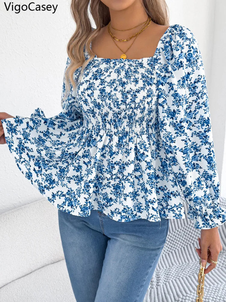 VigoCasey 2025 Spring Floral Print T-shirt Casual Women Lantern Long Sleeve Top Autumn Lady Square Neck Casual Club Short Tops