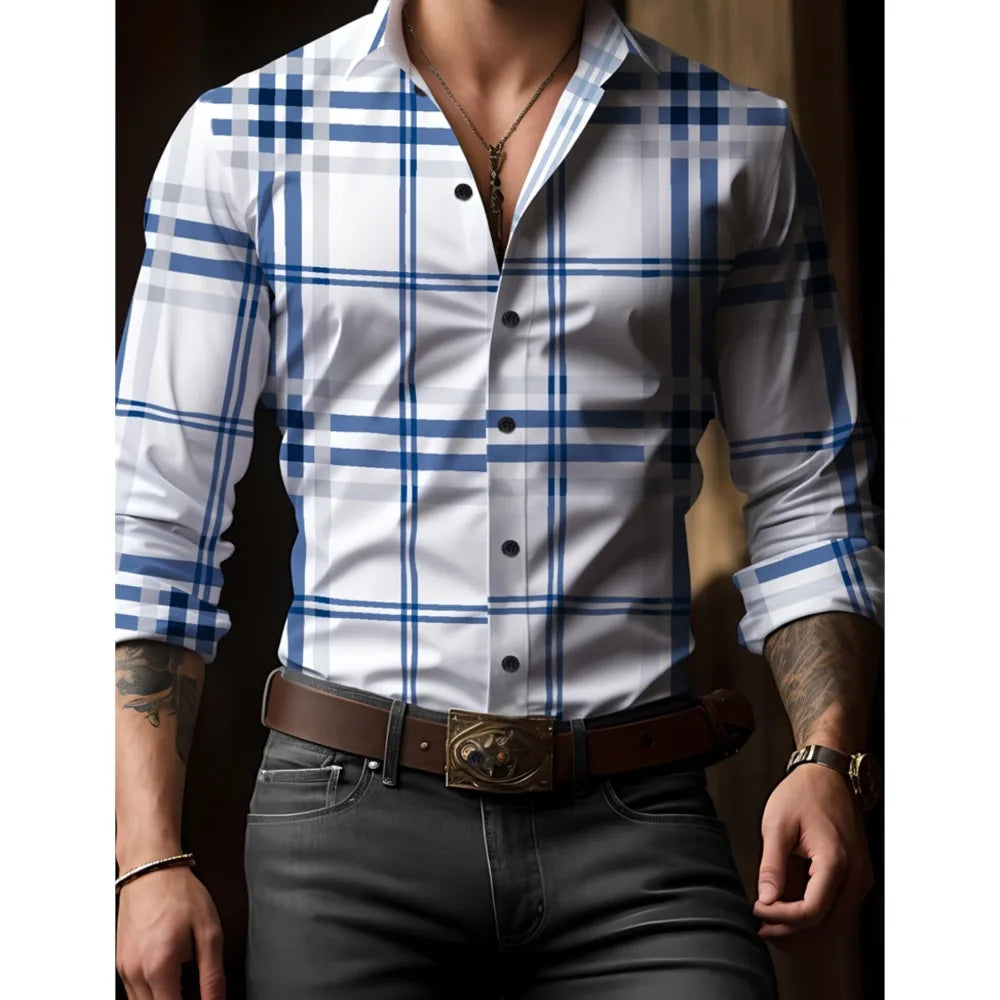 Men's New Spring And Autumn Button Down Shirt Check Print Long Sleeve Luxury Shirt Flip Lapel Oversized Outdoor Street Shot Tops
