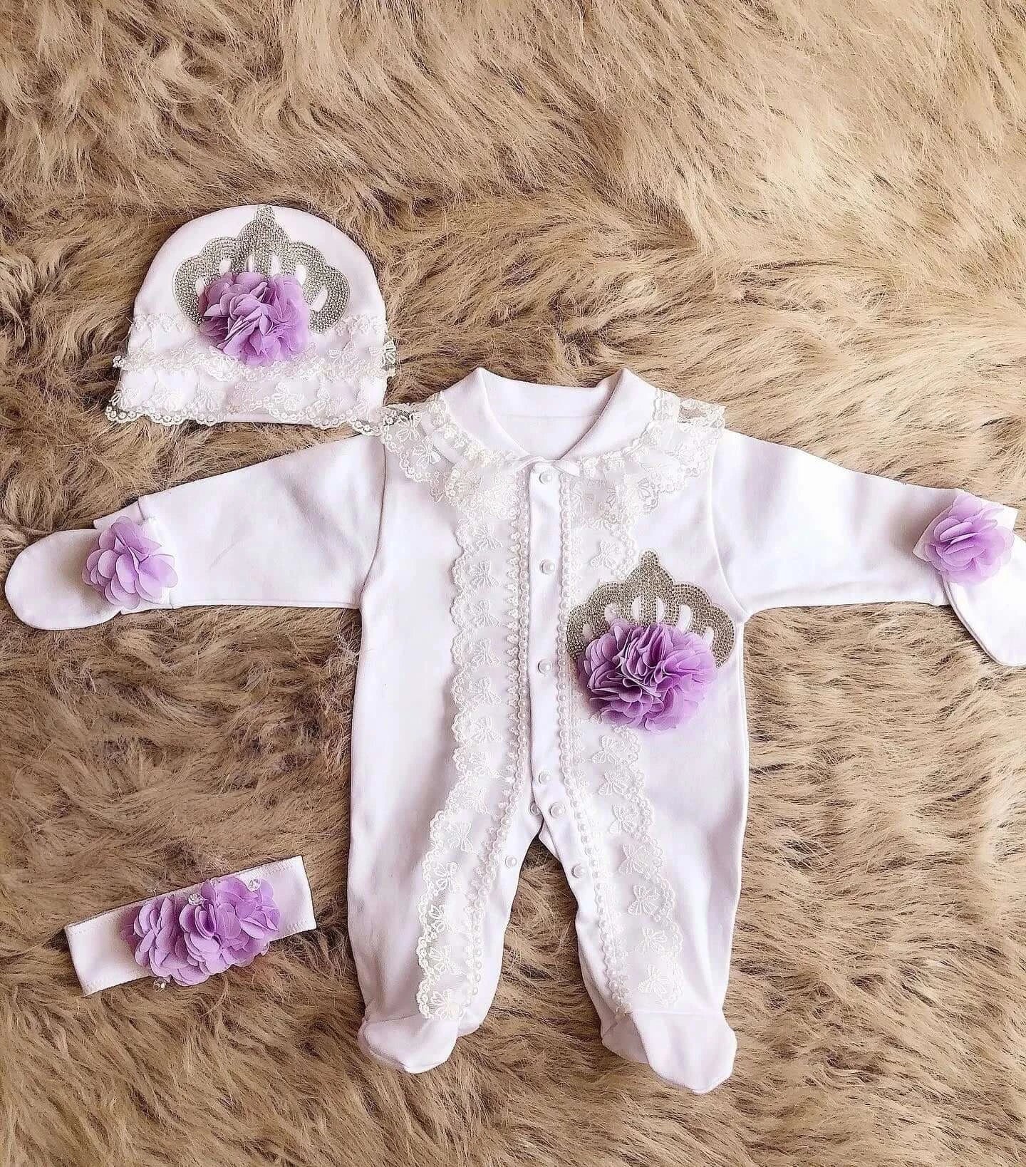 Dollbling Newborn Set Baby's Sets Rhinestone Crown 0-3 Months Hat+Bodysuits+Gloves+Shoes 4 Parts Boy Girl Jumpsuit Clothing