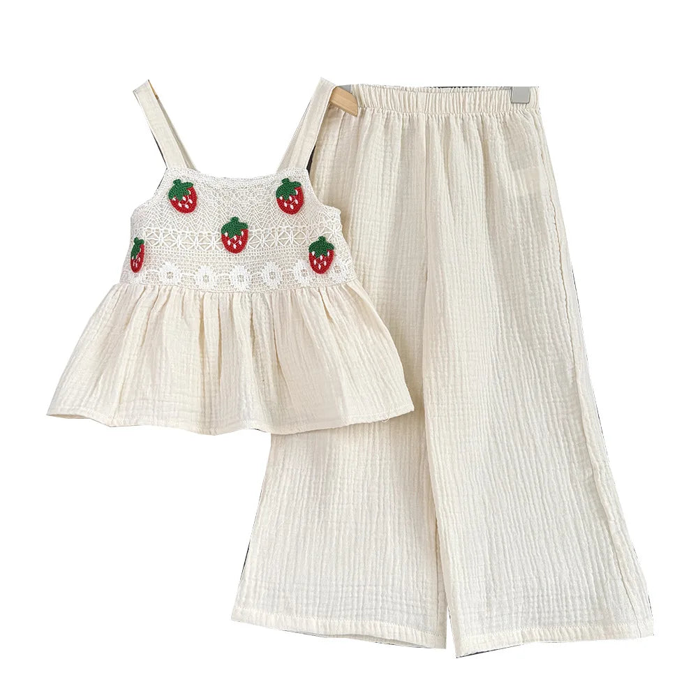 2026 Summer Sweet Style Kids Set Strawberry Pattern Camisole Top+Wide Leg Pants 2Pcs Clothes Beige Korean Girls Suit