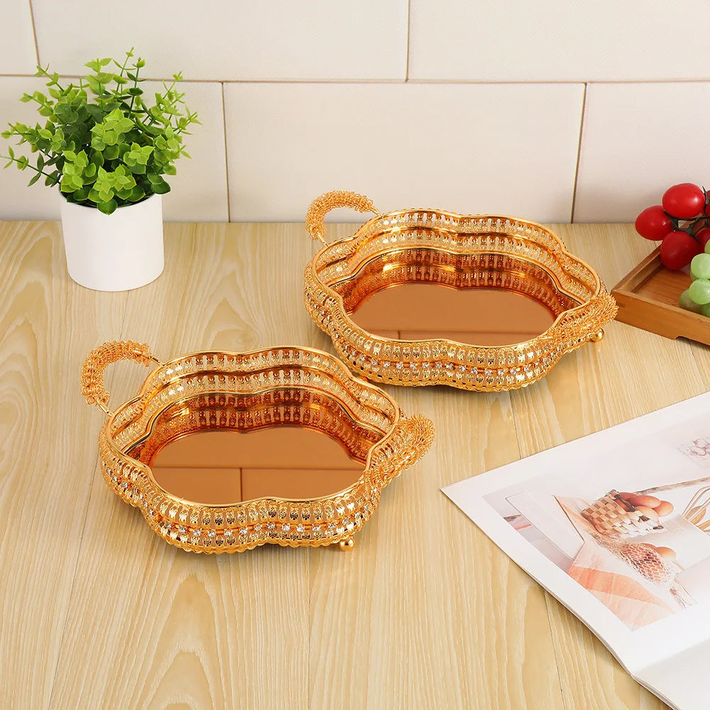 2Pcs European high-end tray gold hollow hotel household fruit plate wrought iron size set snack storage basket