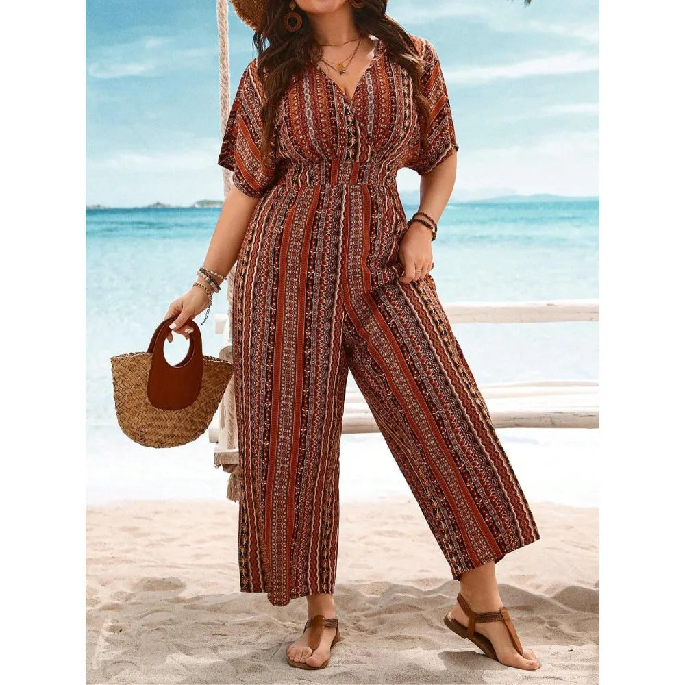 Plus Size 1XL-5XL Fashion Women's New Casual Print Short Sleeve Jumpsuit
