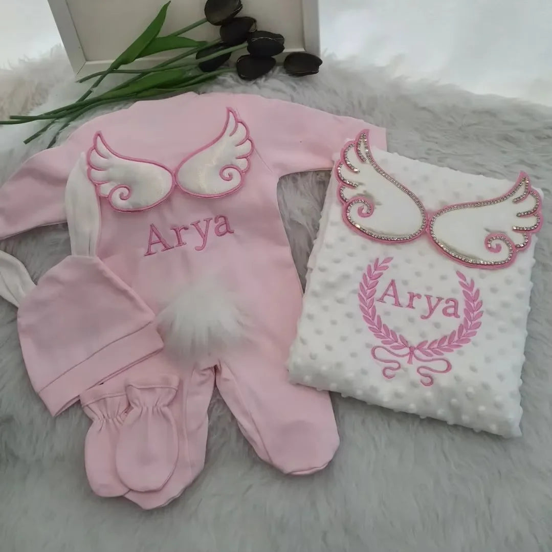 Dollbling Hospital Exit 5pcs Embroidery Name Newborn Angle Wings Romper Blanket  Nursery Bedding Swaddle Handmade Infant Outfit