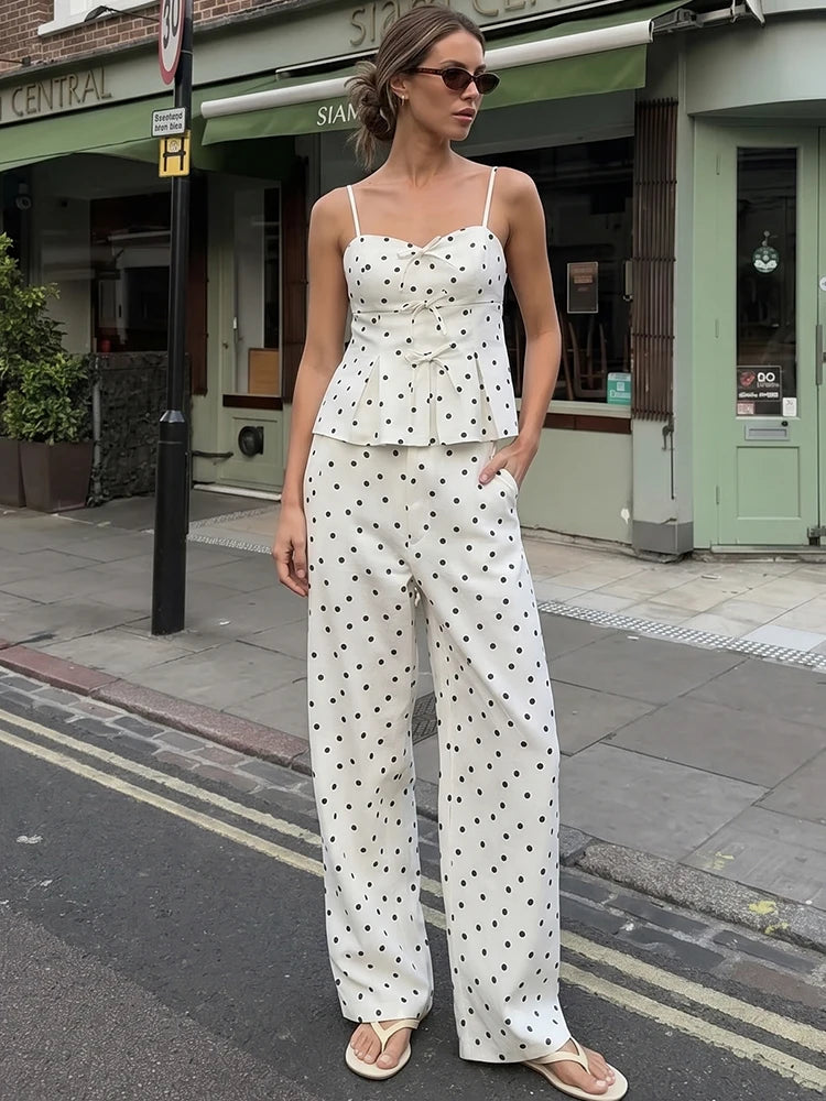 HH Elegant Women's Summer Polka Dot Cami Pant Set 2026 Sweet Skirt Style Hem Bow-Front Top+Bucket Trousers Female Casual Suit