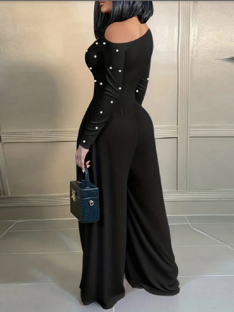 Fashionable Pure Color Off-Shoulder Pearl Long Sleeve Dress New Arrival Elegant One-Piece Suit for Women