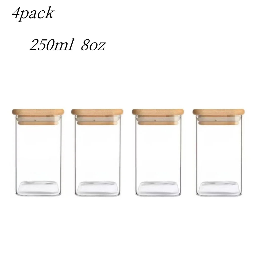 1/4/6/8/12Pcs - Square Food Storage Containers, Kitchen Spice Glass Jars, Transparent Glass Jar Set, Square Wide-Mouth Glass Storage Containers, Glass Airtight Jars, Coffee Bean Storage Containers, for Kitchen Spices, Grains,